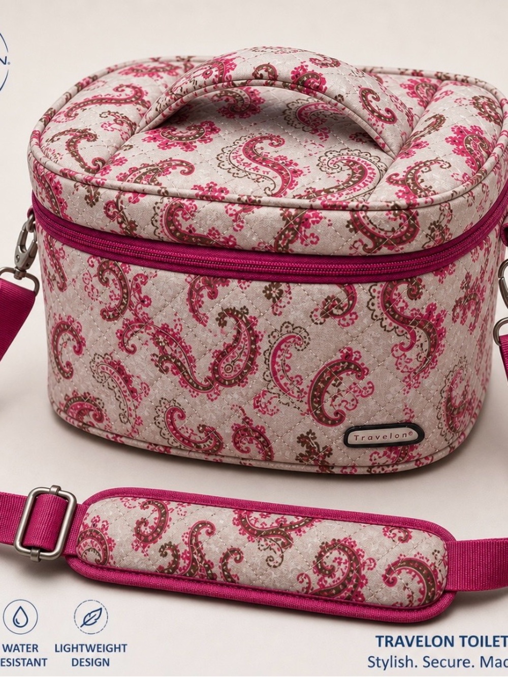 Travelon Pink and Brown Paisley Travel Toiletries Bag with Padded Shoulder Strap - Picture 1 of 11